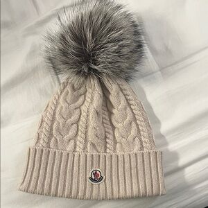 Moncler Cream Cable Knit Beanie with Gray Pom